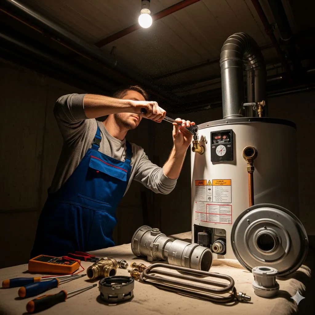 Technician servicing AC condenser